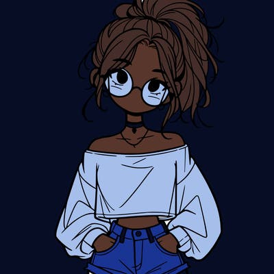 girl with a messy ponytail glasses a baggy crop top and jean shorts