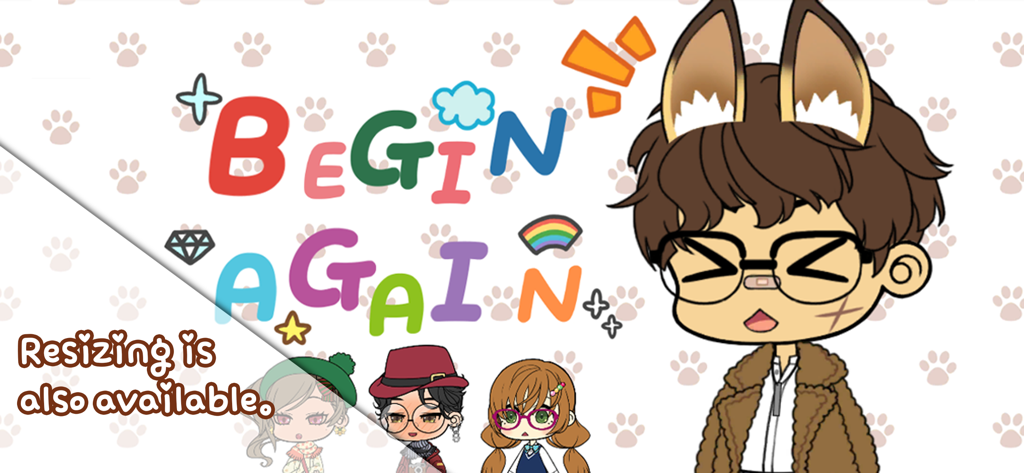 Character Maker - Four diverse chibi anime characters of different sizes demonstrating the resizing feature in Character Maker