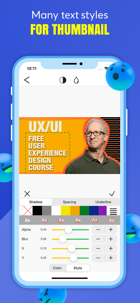 Thumbnail Maker Studio Editor - Interfaz de la aplicación móvil Thumbnail Maker Studio Editor mostrando herramientas avanzadas de estilo de texto que incluyen desenfoque de sombra y espaciado para miniaturas de video.
