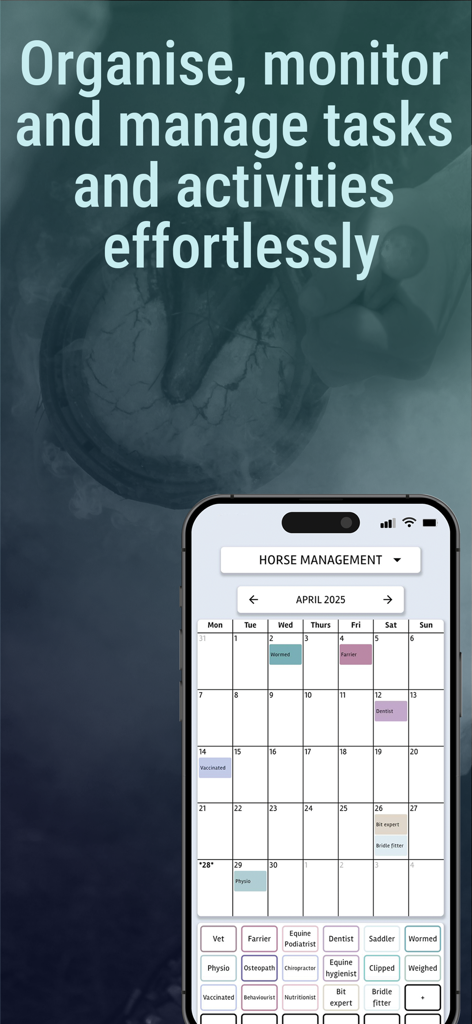 Equiniser - Mobile phone screen showing the Equiniser horse management calendar and task planner