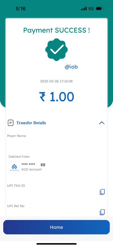BHIM IOB UPI - BHIM IOB UPI app screen showing a successful payment confirmation