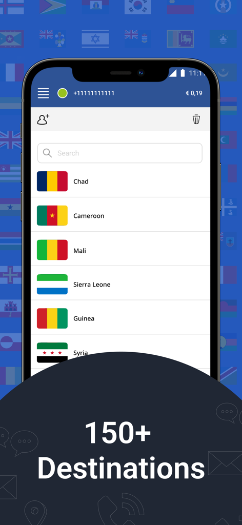 International Calling App:Telz - Telz app screen showing a list of over 150 international calling destinations and country flags