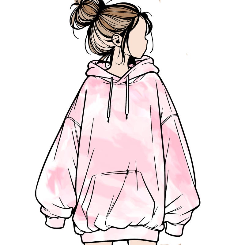 realistic girl with a oversized sweatshirt on and a bun