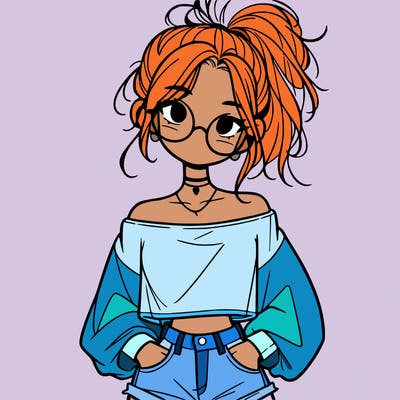girl with a messy ponytail glasses a baggy crop top and jean shorts