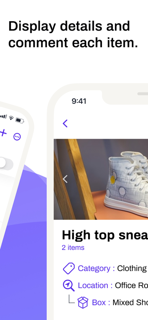 Scan Your Boxes - A mobile interface from the Scan Your Boxes app showing a detail view for a pair of sneakers with category and location information