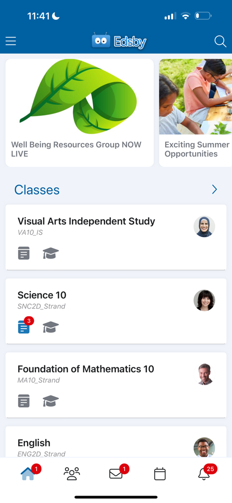 Edsby mobile app dashboard showing a list of student classes like Science and Mathematics with school news cards at the top.