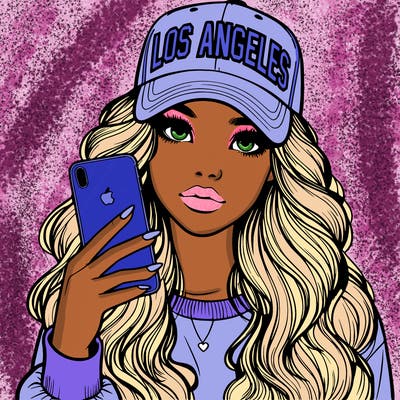 realistic beautiful girl wearing los ángeles cap holding an iphone