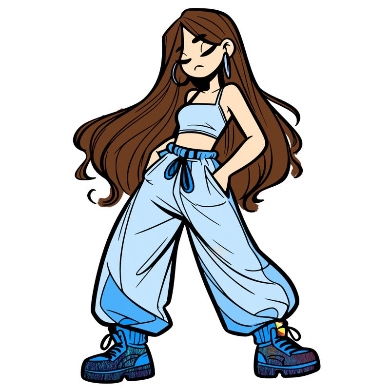 girl in baggy pants crop top and long hair