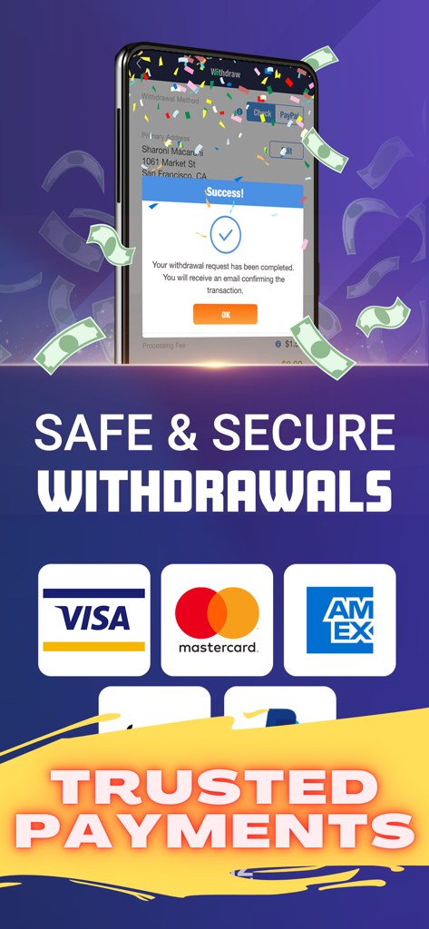 Arcade Bowling Money Games 3D - Safe and secure withdrawal confirmation screen with major payment brand logos