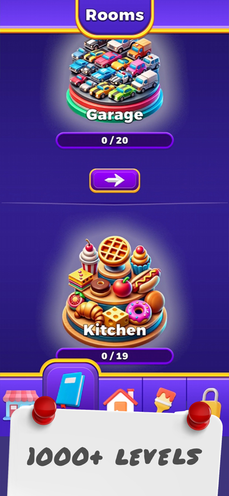 Coloring Matchアプリで、1000以上のレベルがあるガレージやキッチンなどのテーマ別部屋が表示された画面