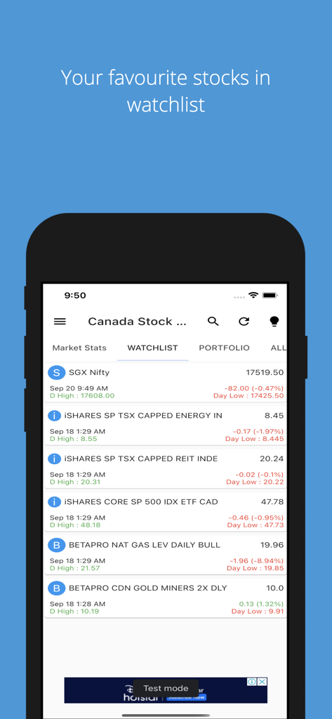 Onglet Liste de surveillance de l'application Canada Stock Market Live affichant les prix TSX et ETF en temps réel sur un iPhone