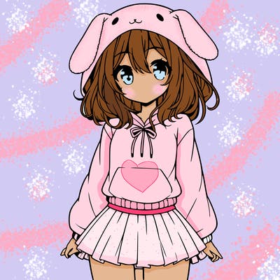 pretty anime girl wearing a fluffy hoodie with bunny ears on the hood and a skirt