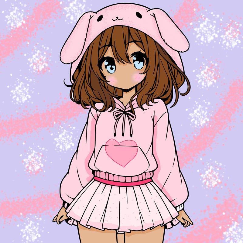 pretty anime girl wearing a fluffy hoodie with bunny ears on the hood and a skirt