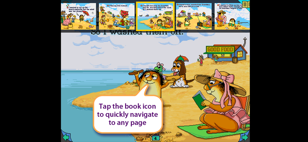 A scene from Just Grandma and Me showing the beach and the page navigation menu at the top