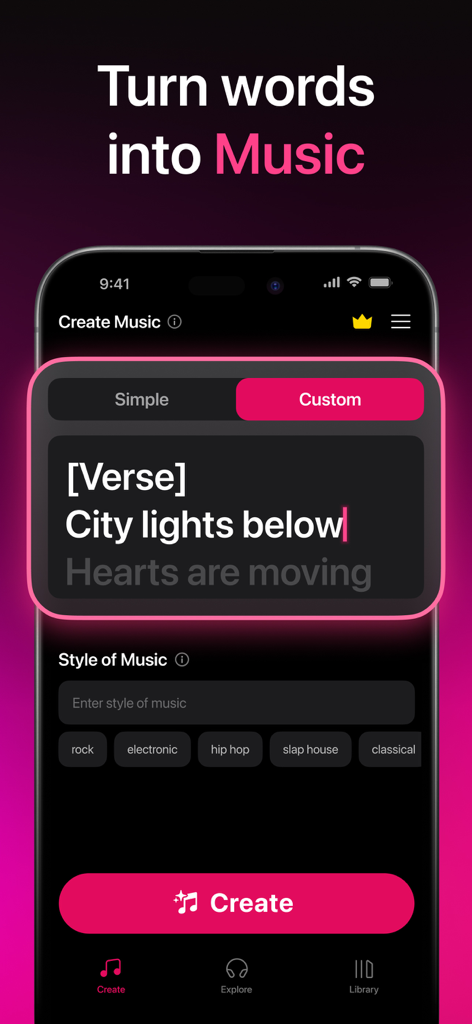 Interfaccia utente dell'app AI Music Generator che mostra la schermata di creazione da testi a musica.