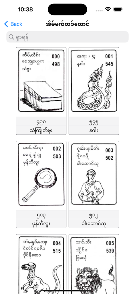 Un elenco di carte di interpretazione dei sogni con testo in birmano e illustrazioni per abbinare i sogni ai numeri della lotteria