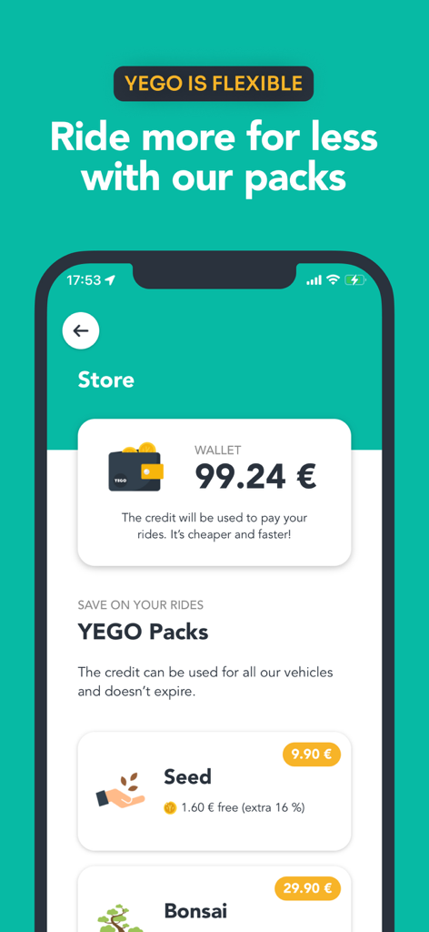 YEGO Mobility - Interface de l'application YEGO Mobility affichant des packs de crédits de trajet flexibles et le solde du portefeuille dans la section boutique.