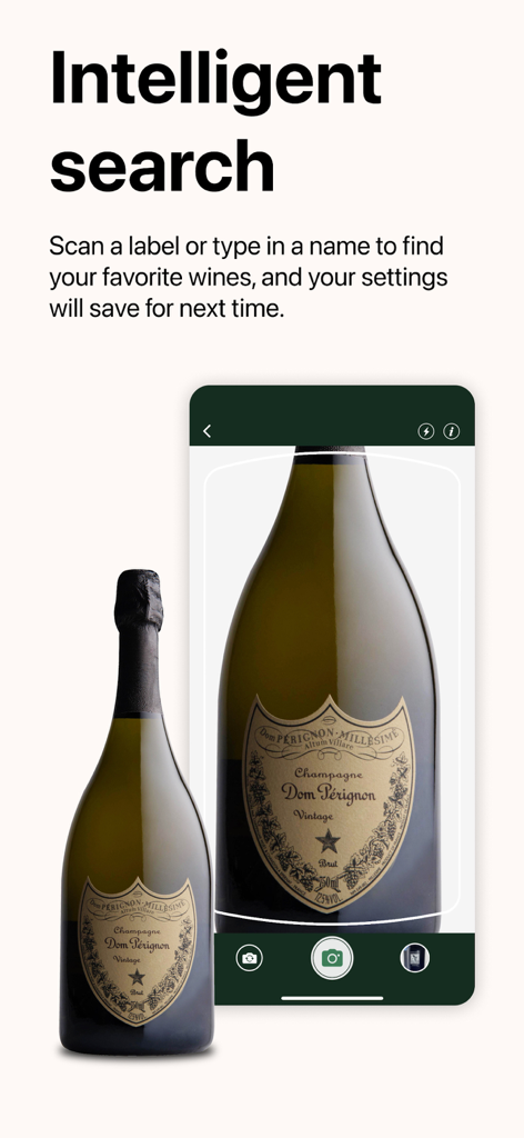 Wine-Searcher app scanning a bottle of Dom Perignon Champagne using the intelligent search feature