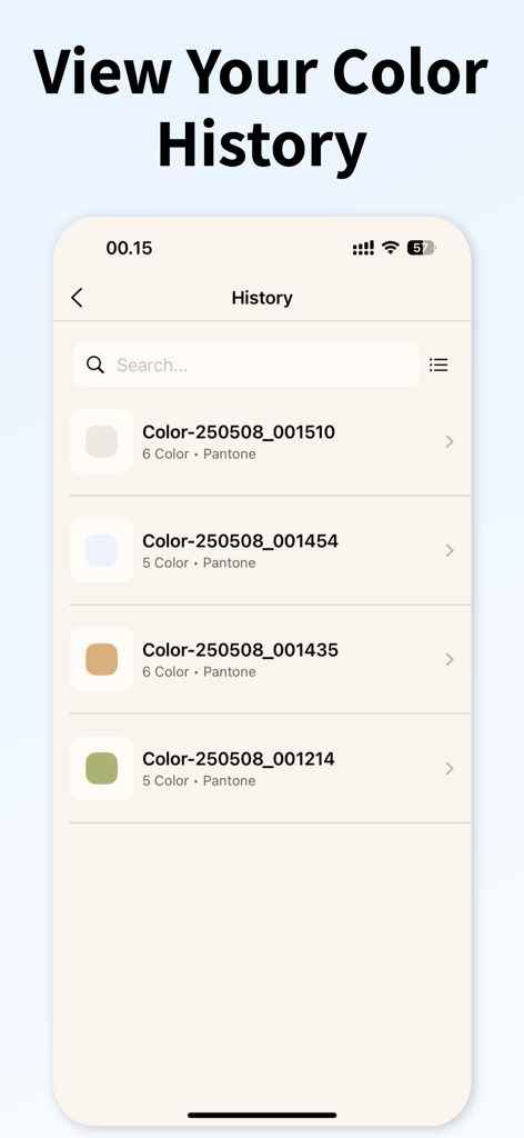 Color Finder ™ - Interface do aplicativo Color Finder exibindo uma lista de paletas de cores escaneadas e salvas anteriormente
