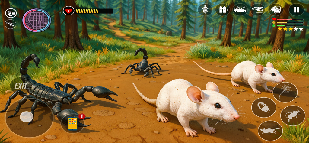 Rat Simulator: City Mafia - Two white rats and two black scorpions facing off on a dirt path in a sunny forest environment from the Rat Simulator City Mafia game.