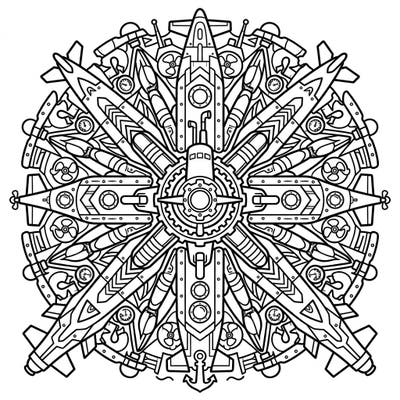 Embark on an artistic voyage with this unique Submarine Mandala coloring page, blending naval engineering with symmetrical beauty. Discover a fascinating world of intricate details waiting for your creative touch.