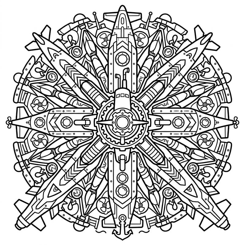 Embark on an artistic voyage with this unique Submarine Mandala coloring page, blending naval engineering with symmetrical beauty. Discover a fascinating world of intricate details waiting for your creative touch.