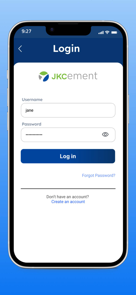 JK Disha - Interfaz de inicio de sesión de usuario para la aplicación de seguimiento de cemento JK Disha