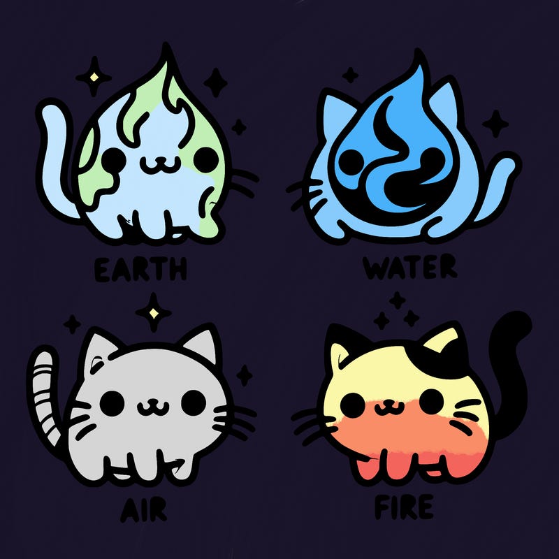4 cats that represent the different elements, earth, water, air, and fire