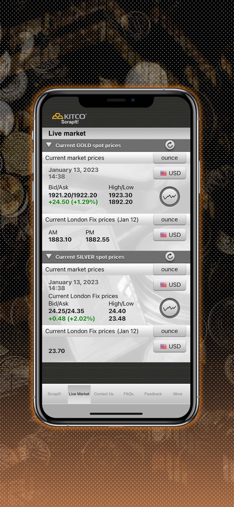 ScrapIt app interface showing live market spot prices for gold and silver in USD per ounce
