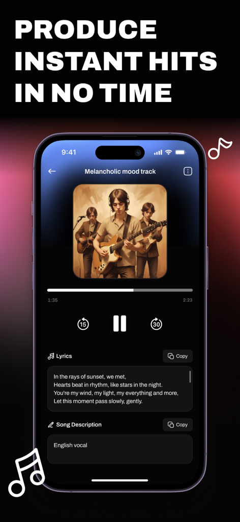 AI Song and Music Maker App - 가사와 맞춤 앨범 아트가 포함된 생성된 노래를 보여주는 AI 작곡 및 음악 제작 앱 인터페이스.