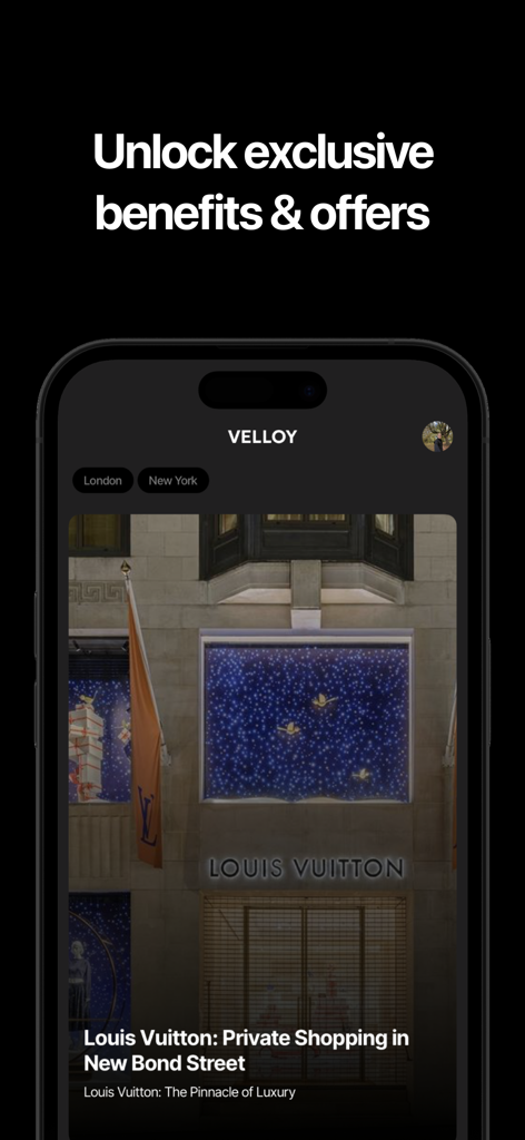 Aplicativo Velloy exibindo ofertas exclusivas de compras privadas na loja Louis Vuitton