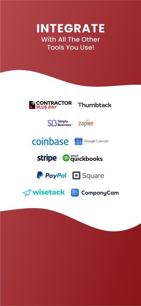 Contractor+ - A showcase of third-party tool integrations for Contractor Plus including QuickBooks, Stripe, PayPal, Square, and Google Calendar.