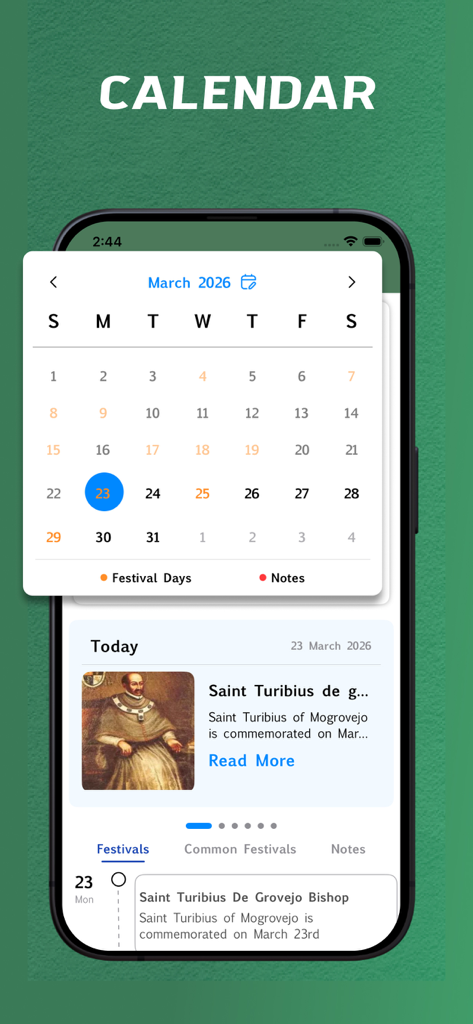 Dios Habla Hoy - offline - Pantalla de la aplicación móvil que muestra un calendario festivo cristiano con días festivos religiosos y conmemoraciones de santos.
