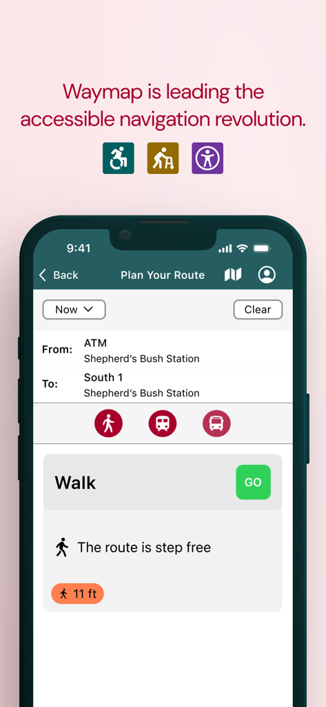 Waymap - Waymap app interface displaying a step-free walking route with accessibility icons.
