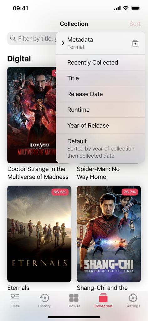 Popcorn Movies - Aplicación Popcorn Movies mostrando la pantalla de colección de películas con un menú de ordenación abierto