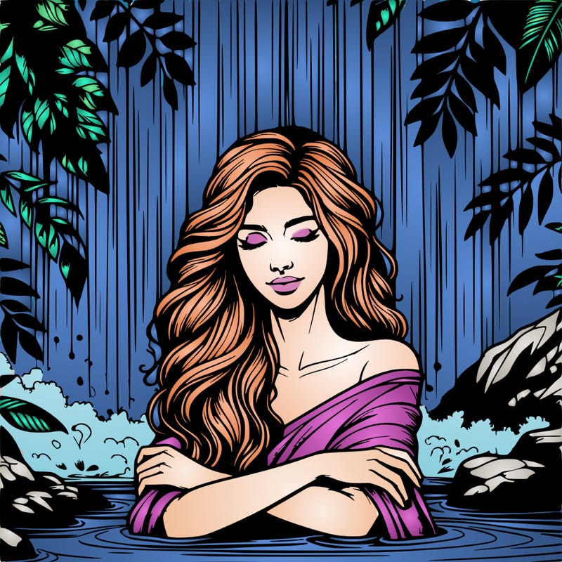realistic female model under waterfall