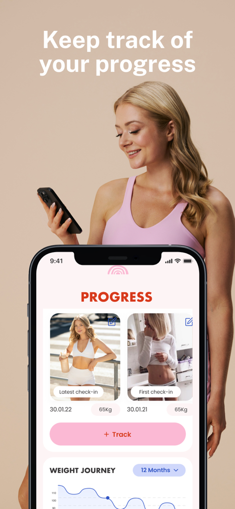 Grow with Anna - Grow with Anna App-Oberfläche, die die Fitnessfortschrittsverfolgung mit einem Gewichtsverlaufsgraphen und Vergleichsfotos zeigt.