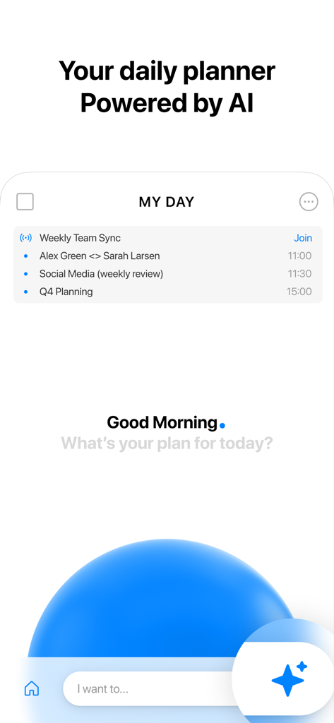 Captura de pantalla de la aplicación Any.do que muestra la pantalla del planificador diario Mi Día con funciones impulsadas por IA y lista de tareas.