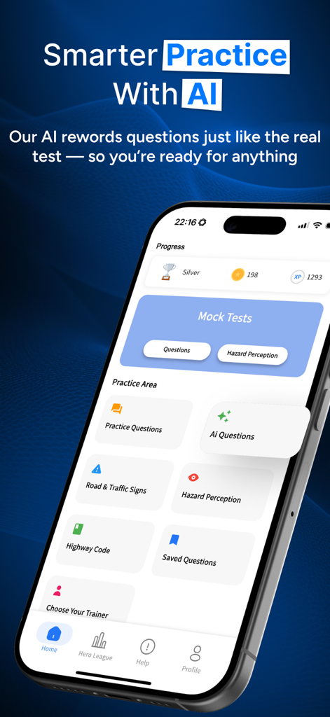 Theory Test Hero UK 2026 - Theory Test Hero UK 2026 mobile app interface showing AI practice questions and mock test options