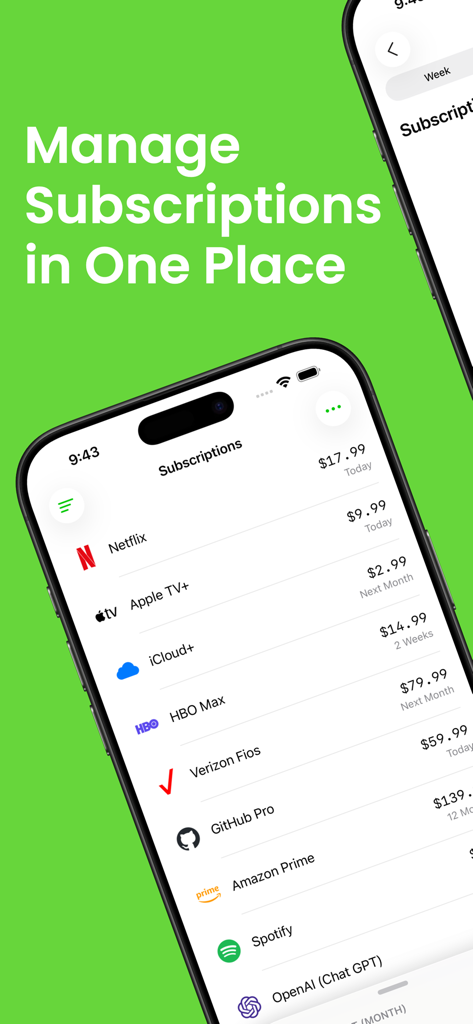 iPhone screen displaying a list of recurring subscriptions including Netflix and Spotify with their prices and due dates.