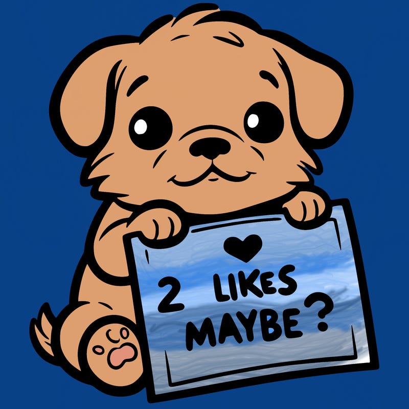 a puppy holding a sign that says 2 likes maybe?