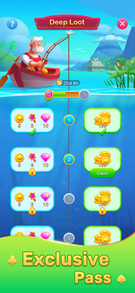 Solitaire Klondike! - Exclusive pass screen in Solitaire Klondike showing rewards and a fisherman in the Deep Loot event.