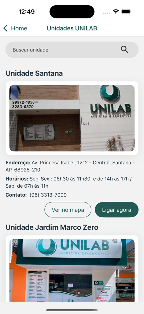 Unilab App - Écran mobile de l'application Unilab montrant une liste d'unités de laboratoire avec adresses et informations de contact