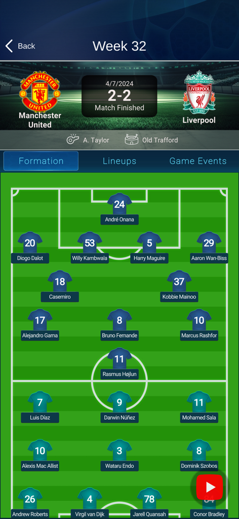 360 Live Scores - Composition de l'équipe pour le match Manchester United contre Liverpool sur 360 Live Scores