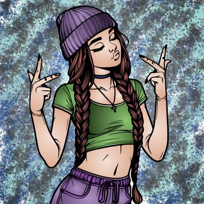 realistic teenage girl with braids and a beanie and crop top doing 🫶🏼