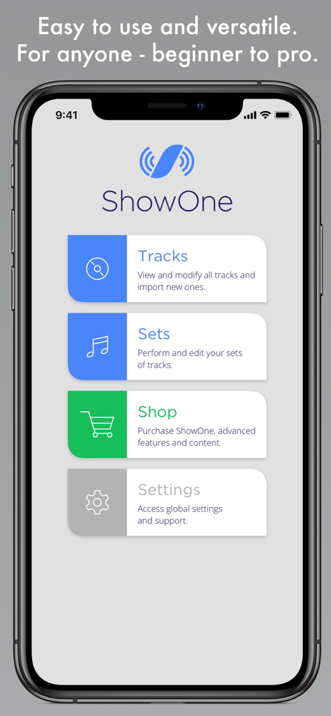 ShowOne - Pro Backing Tracks - ShowOne app main menu on iPhone with options for Tracks Sets Shop and Settings