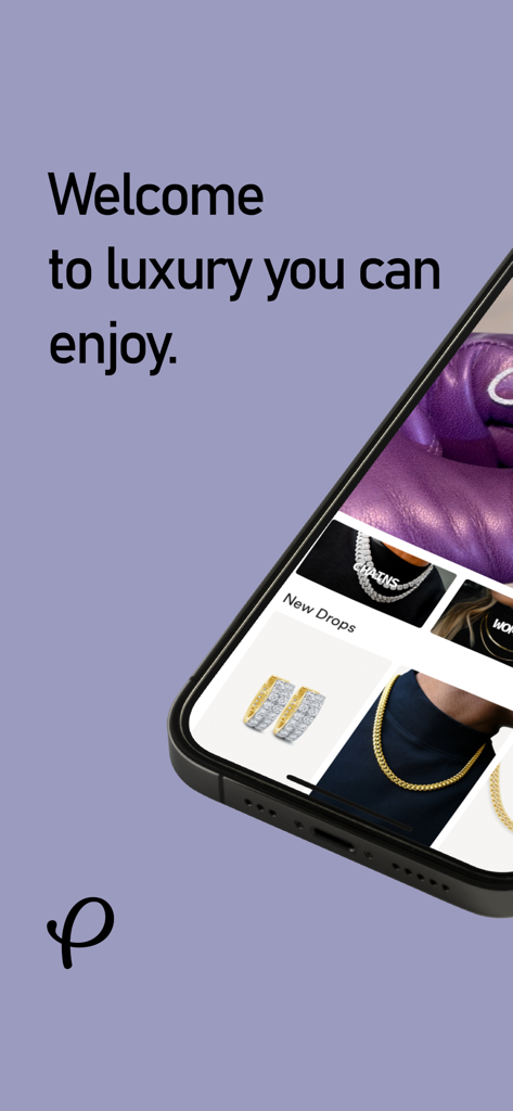Gold Presidents - Gold Presidents mobile app welcome screen featuring gold jewelry collections and the slogan Welcome to luxury you can enjoy