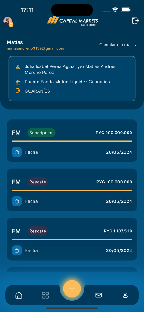 Capital Markets APP - Interface of the Capital Markets app displaying mutual fund transaction history and account details.