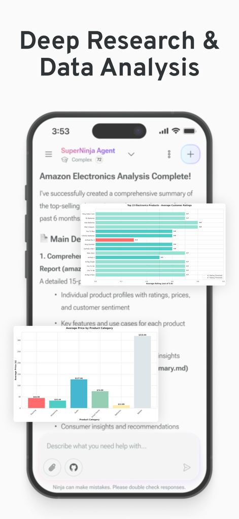 Una pantalla de smartphone que muestra los resultados de investigación profunda y análisis de datos de Ninja AI, incluidos gráficos de calificaciones de productos y precios.