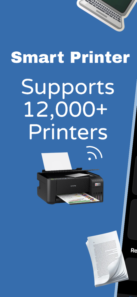 Graphique de l'application Smart Printer montrant la compatibilité avec plus de douze mille modèles d'imprimantes